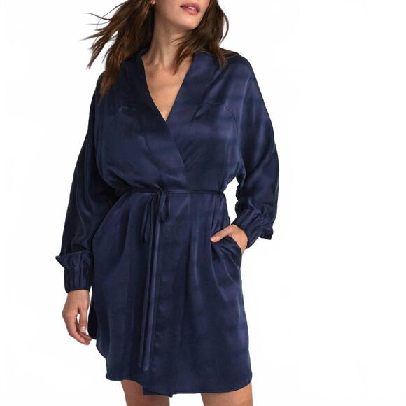 NEW LUNYA washable silk short robe in deep blue